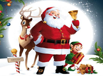 Babbo Natale con renna ed elfo in paesaggio invernale