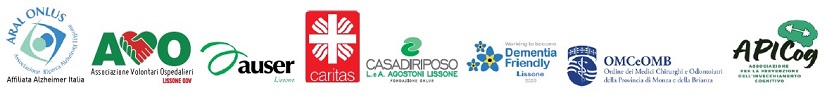 logo Aral Onlus Affiliata Alzheimer Italia, AVO, auser, Caritas, Casa di riposo L. e A. Agostoni Lissone, Dementia Friendly, OMCeOMB, APICog