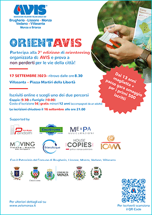 miniatura locandina “ORIENTAVIS"  orienteering organizzata da AVIS cn patrocinio Comuni Brugherio, Lissone, Monza, Vedano, Villasanta