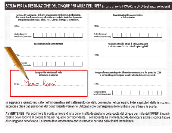 Lissone - Esempio documento scelta destinazione 5 per 1000 IRPEF