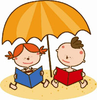 disegno bimbi che leggono sotto ombrellone